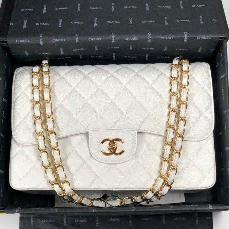 Caviar Classic Double Flap Bag White 30