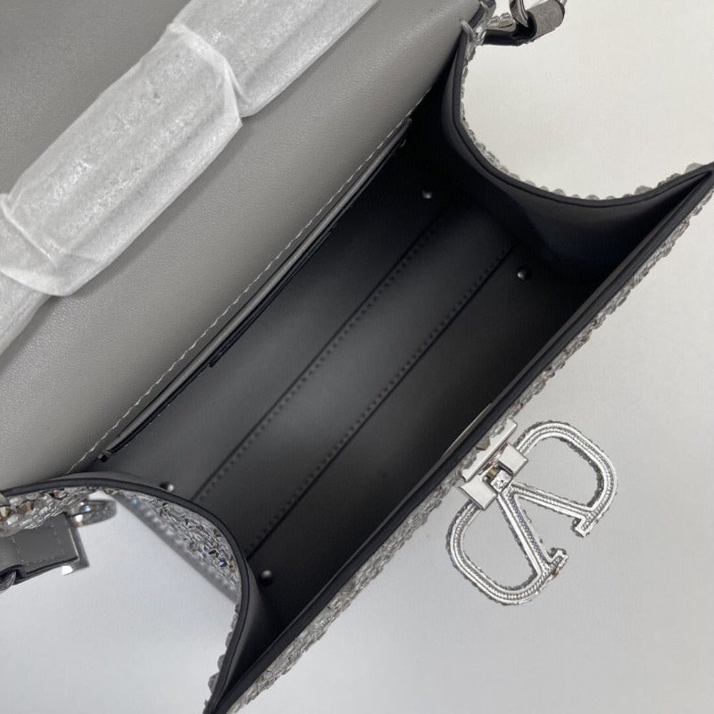 Crystal Mini Sequin Top Handle Bag Silver