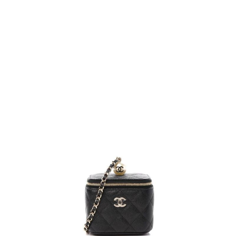 Iridescent Caviar Quilted Pearl Mini Vanity Case With Chain Black