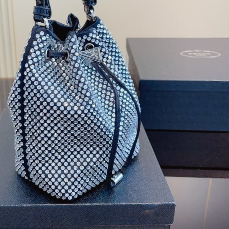 Mini Crystal-embellished Satin Bucket Bag Silver