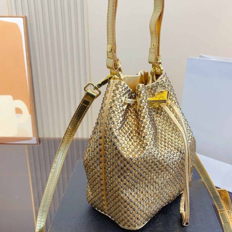 Mini Crystal-embellished Satin Bucket Bag Gold