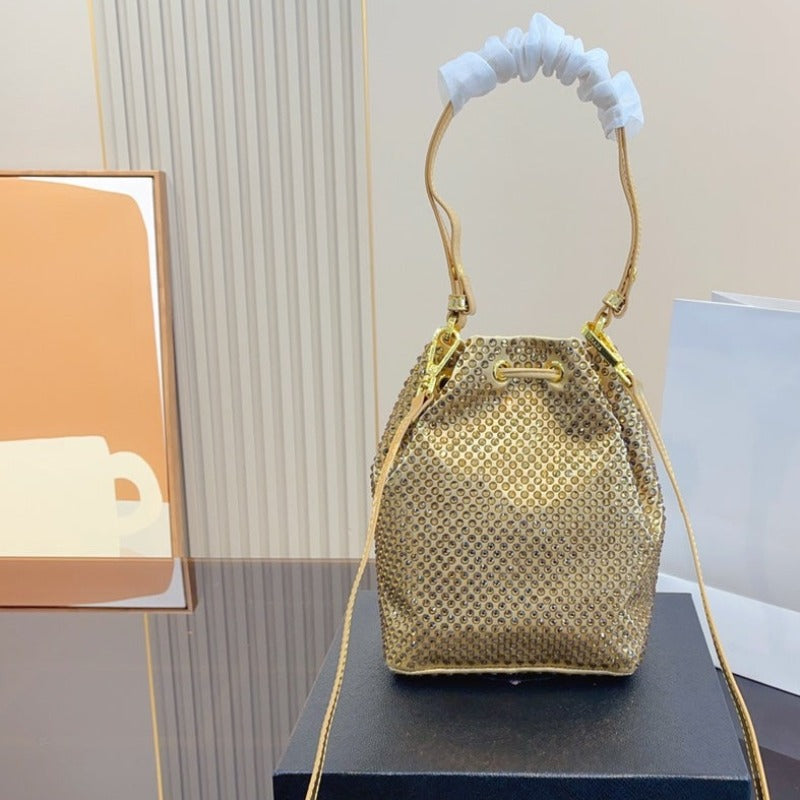 Mini Crystal-embellished Satin Bucket Bag Gold