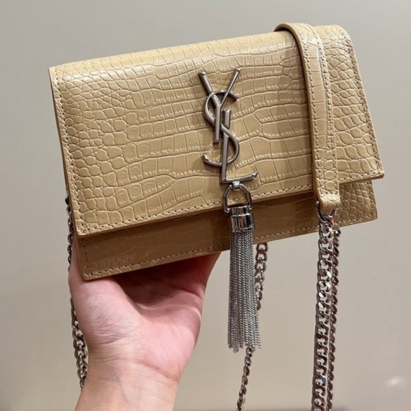 Small Kate Tassel Bag With Chain Croc Beige