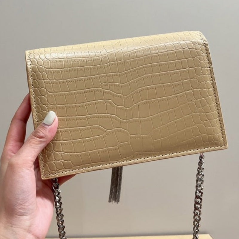 Small Kate Tassel Bag With Chain Croc Beige