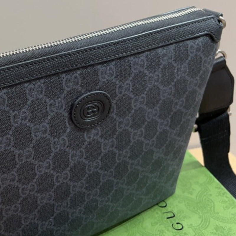 GG Rétro Leather-Trimmed Coated-Canvas Messenger Bag Black
