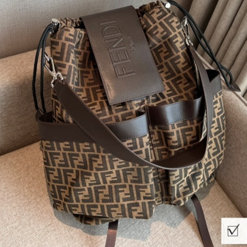 Large Backpack In Jacquard Fabric Brown