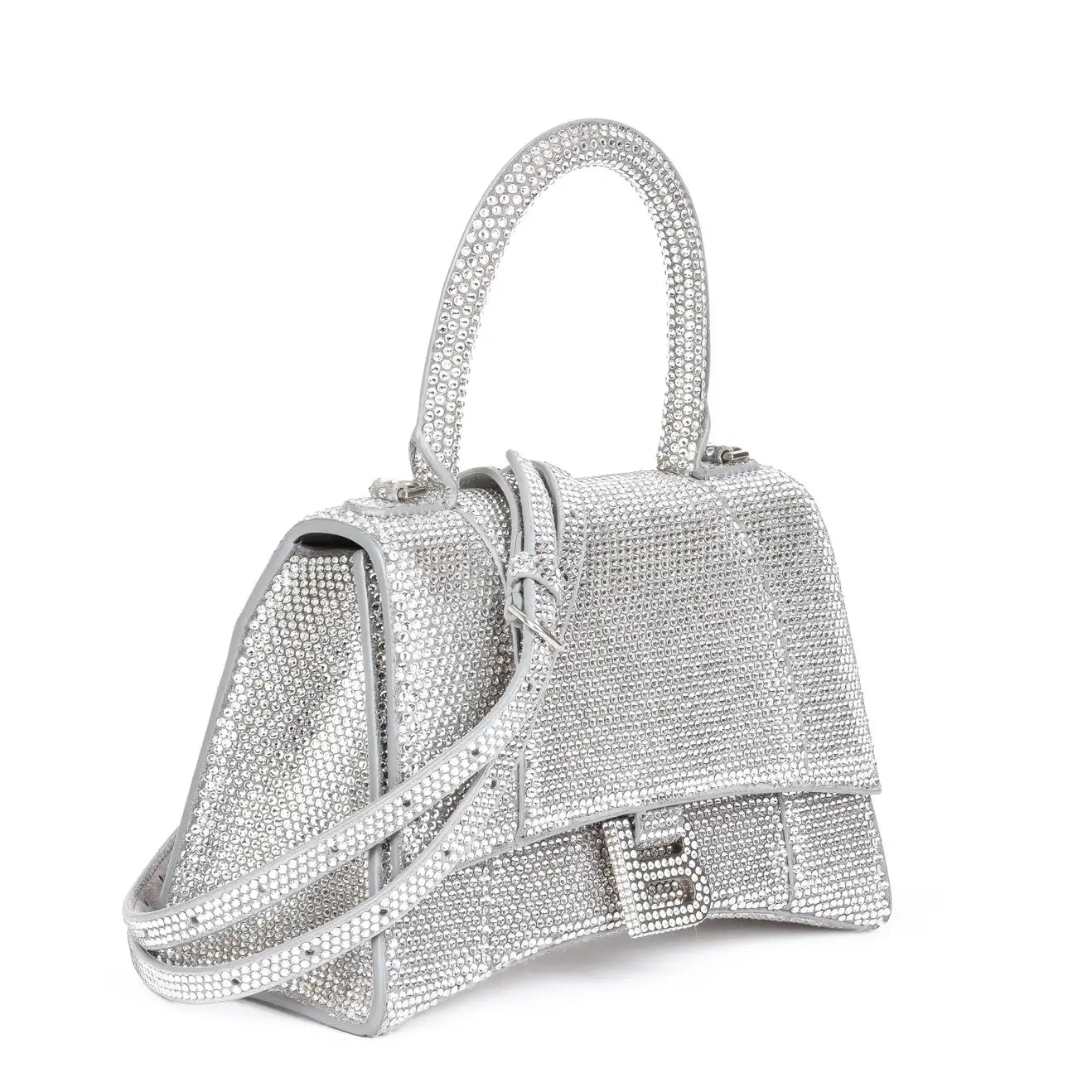 Hourglass Top-handle Bag With Rhinestones Silver