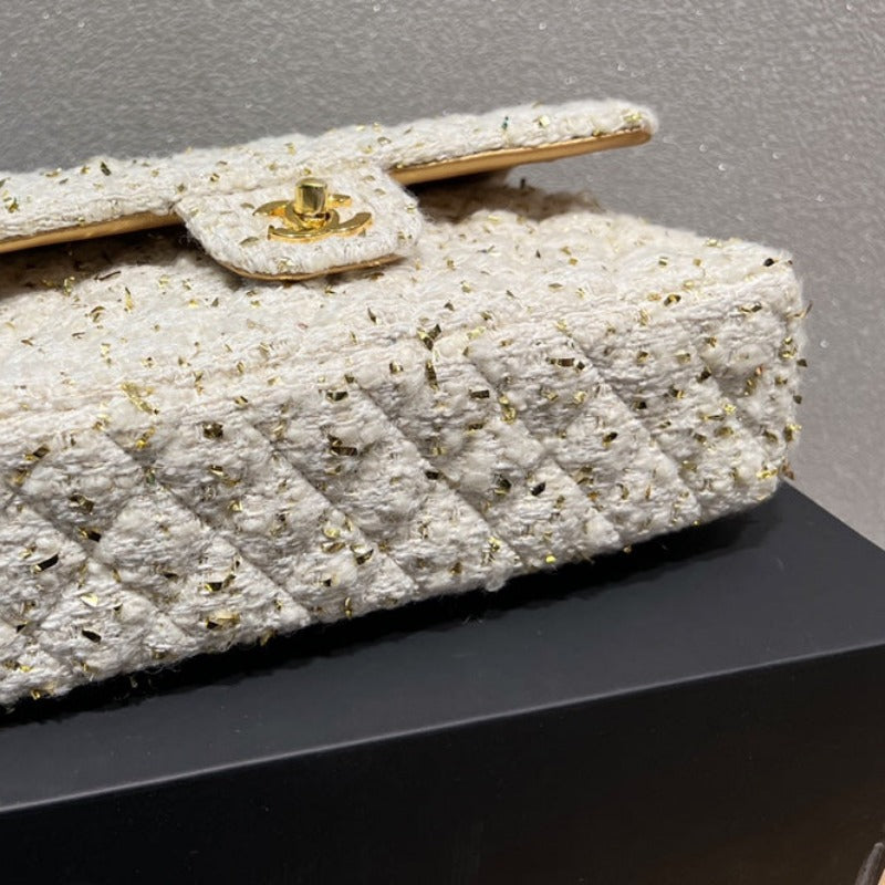 Tweed Double Flap Bag White/Gold