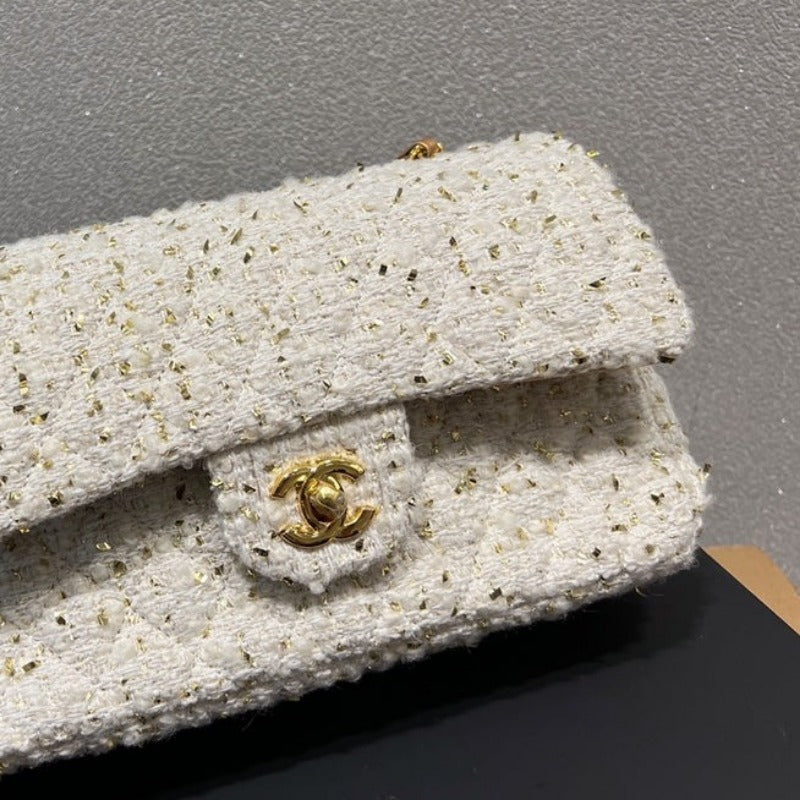 Tweed Double Flap Bag White/Gold