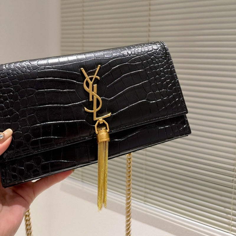 Medium Kate  Tassel Croc Bag With Chain Black